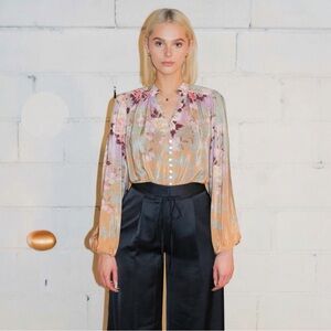 By TiMo Silk Floral Blouse Boho Romantic Puff Sleeve Top Size XL